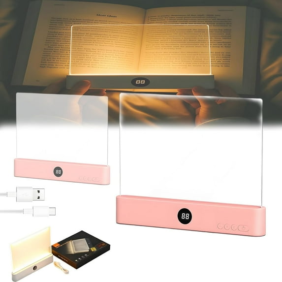 Luma Lit Book Light, Smart Dimmable USB Rechargeable Flat Panel LED Reading Light with Glow Panel and Page Glow, Night Reader Book Light for Reading in Bed (Pink*2)
