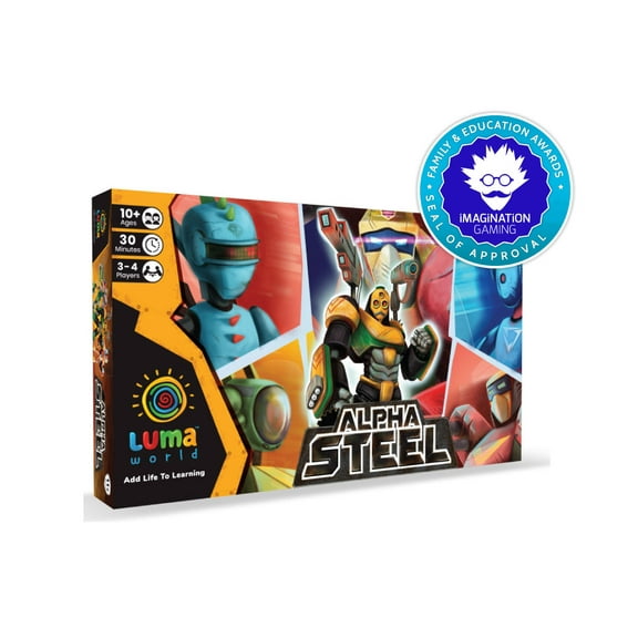 Luma World Alpha Steel STEM Strategy Board Game for 10+ Years to Improve Numbers, Develop Multiple Intelligences, Has Robot Cards and Fantasy Currency, 30-45 Minutes Game and 3-4 Players