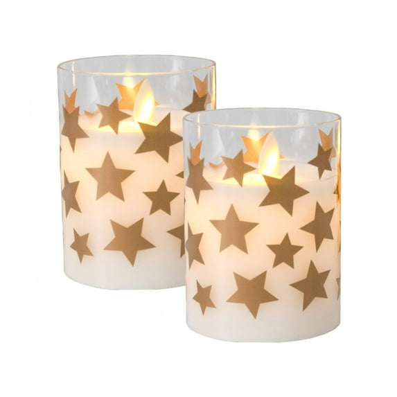 LumaBase Battery Operated Glass LED Candles with Moving Flame, Gold Star - Set of 2