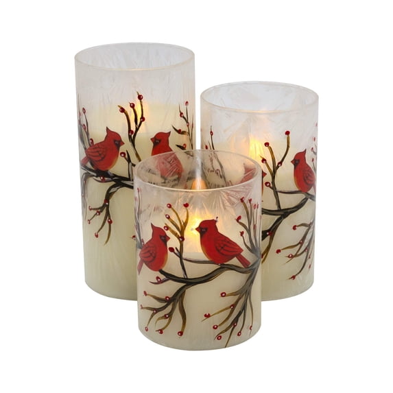 LumaBase Battery-Operated Glass/Wax Candles- Red Cardinals, 3ct