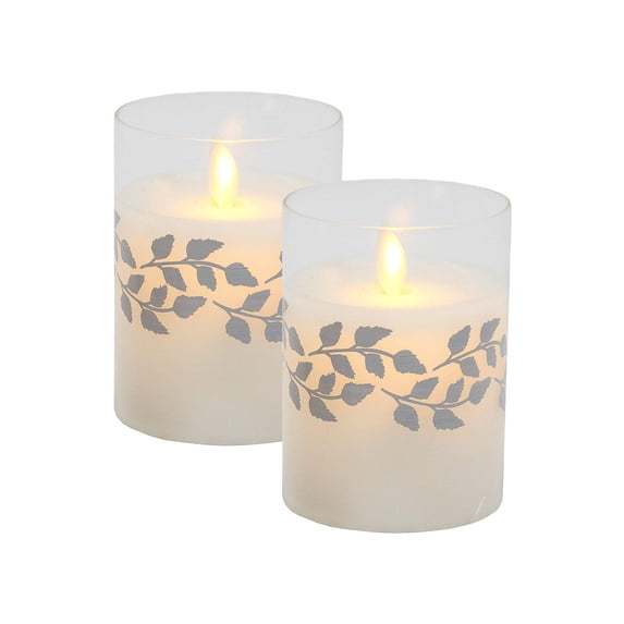 LumaBase Battery Operated LED Glass Candles with Moving Flame - Set of 2 (Silver Garland)