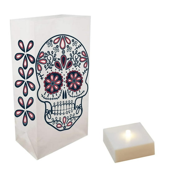 LumaBase Battery Operated LumaLite Luminaria Kit with Timer - Set of 6 (Multicolor Sugar Skull)