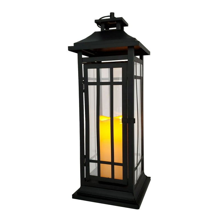 LumaBase Battery Operated Metal Lantern with LED Candle - Black Window (17  inches) 