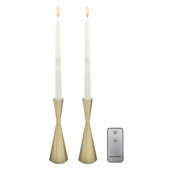 LumaBase Battery Operated Wick Flame Taper Candles with Metal Holders - Set of 2