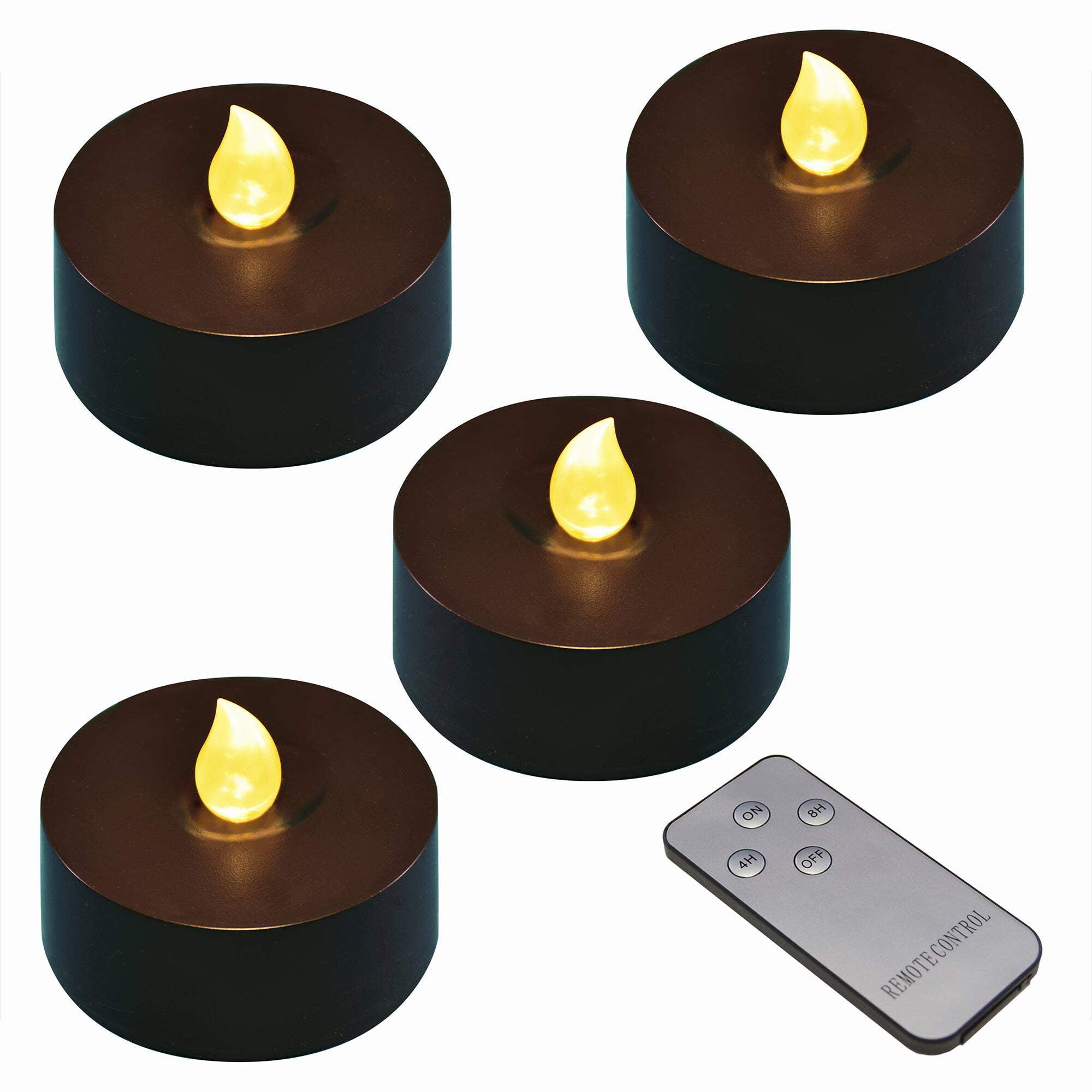 Set of Four Black LED Flameless Tealight Candles with Remote