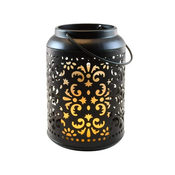 LumaBase Flame Effect Battery Operated Black Metal Lantern with Hanging Handle