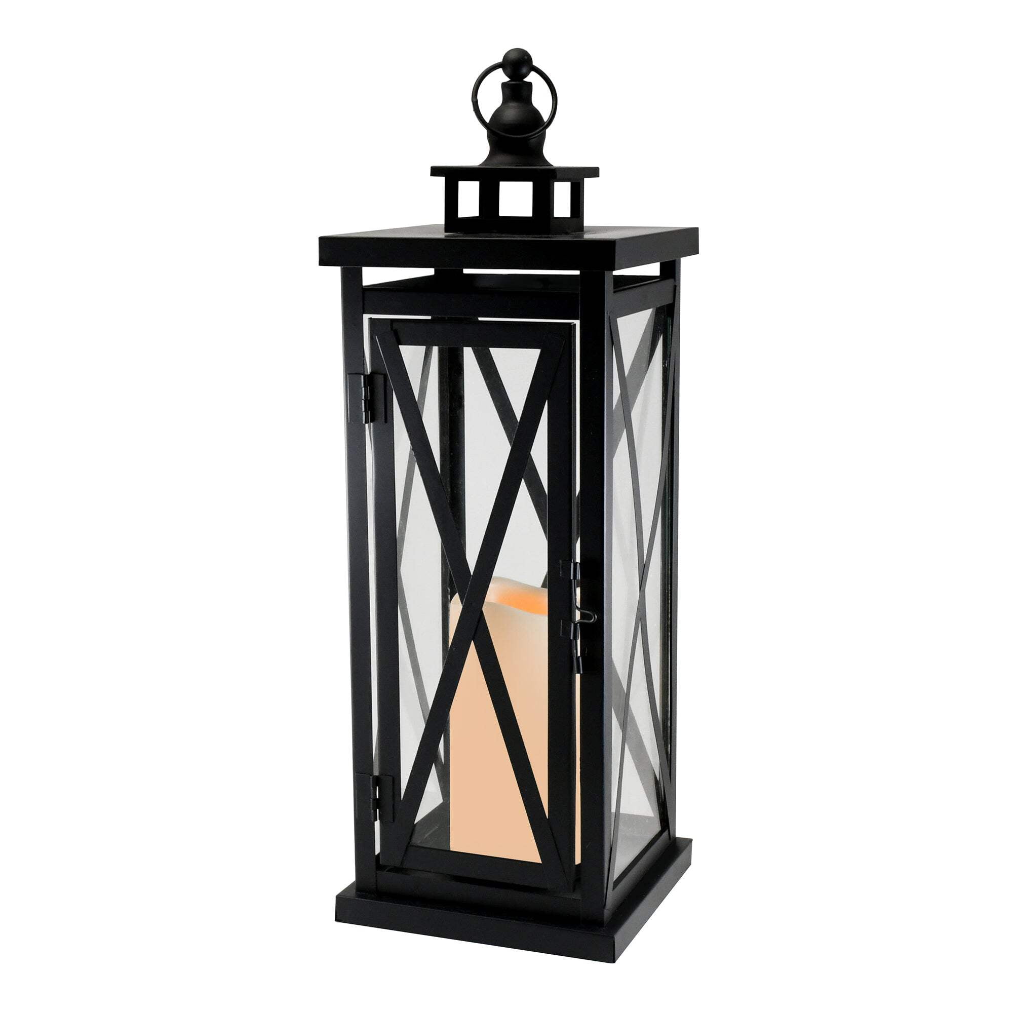 Black Metal Lantern with Amber LED Flameless Candle