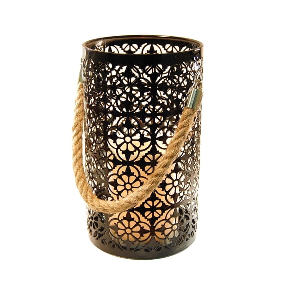 LumaBase Metal Lantern with Battery Operated Candle - Black Jacquard
