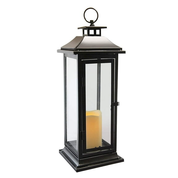 LumaBase Metal Lantern with Battery Operated Candle - Traditional Black