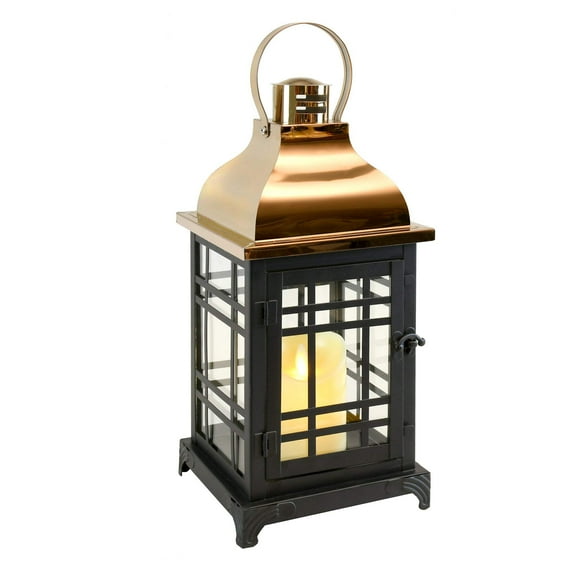 LumaBase Metal Lantern with Moving Flame Battery Operated LED Candle - Black with Copper Roof