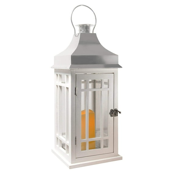 LumaBase Wooden Lantern with Battery Operated Candle - White with Chrome Roof