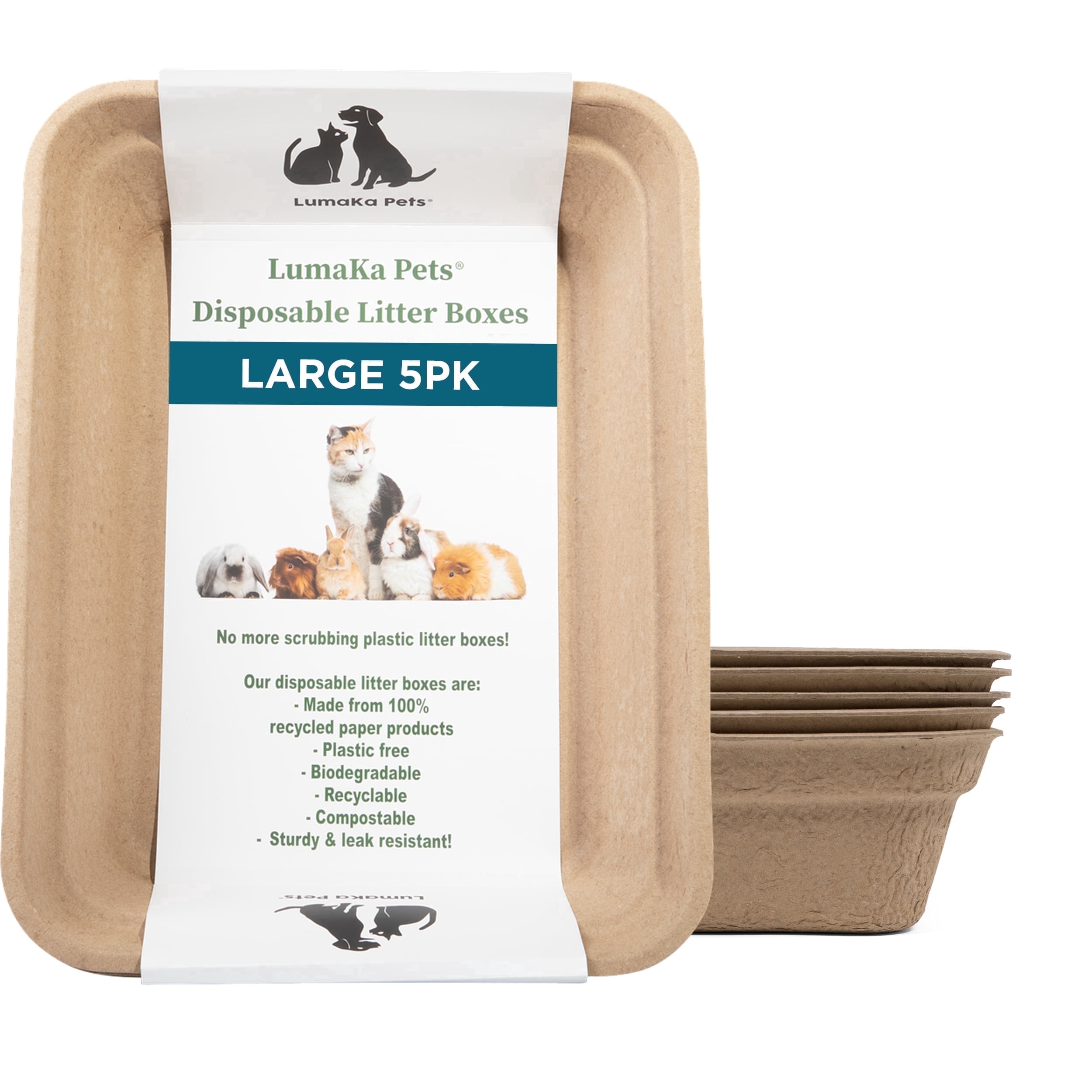 LumaKa Pets Disposable Cat Litter Box - Large, 5-Pack, Extra Thick & Sturdy, Leak Resistant, Odor Resistant, No Scrubbing, Biodegradable