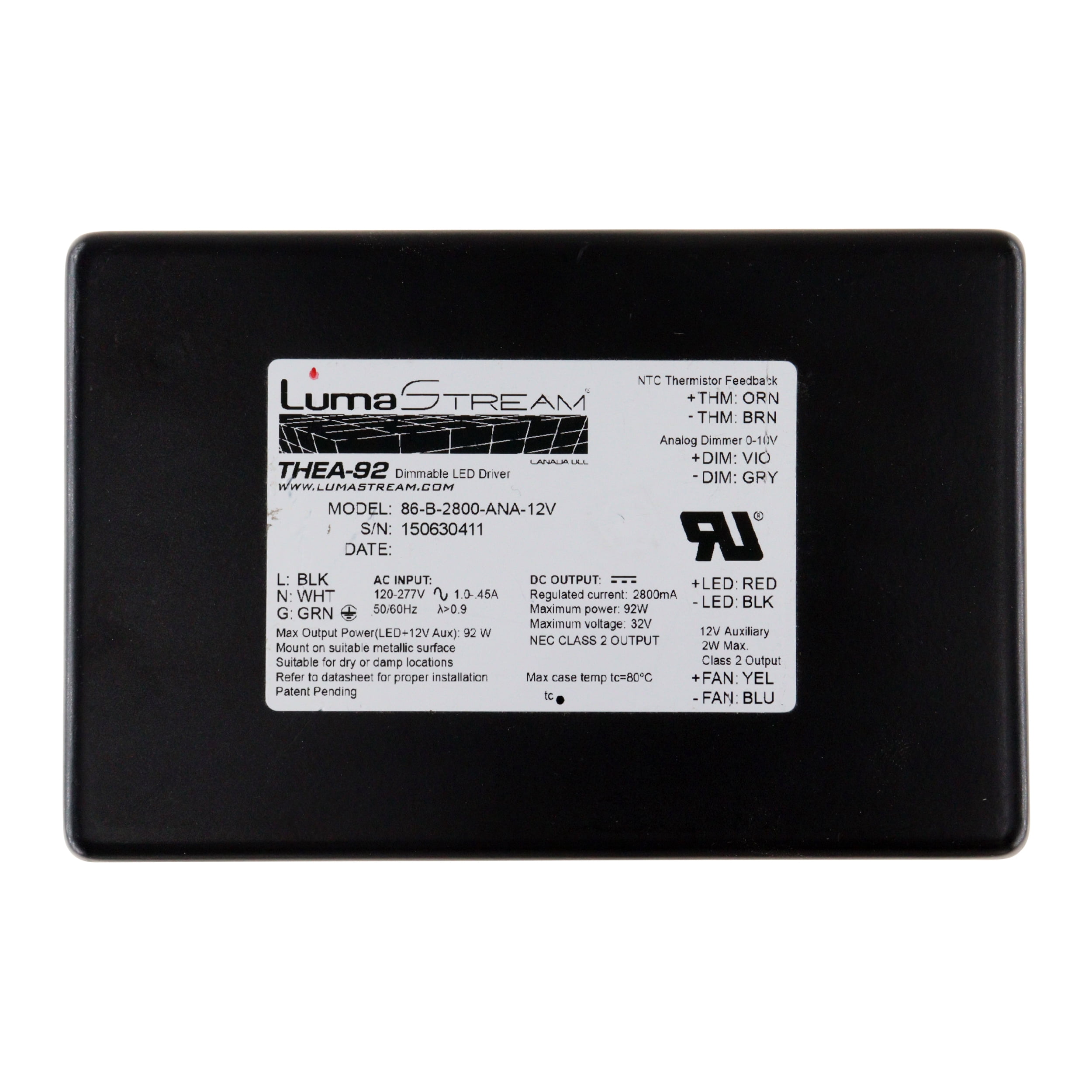 LumaStream 86B2800ANA12V Dimmable LED Driver, 32Vdc, 2800mA, 92W