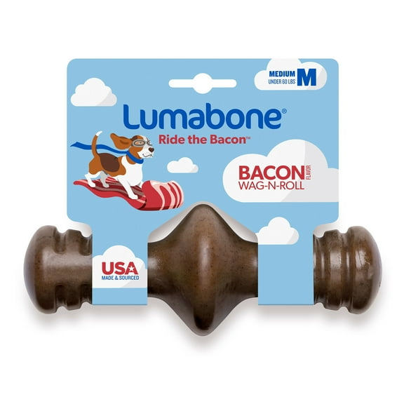 Lumabone Wag-n-Roll Durable Dog Chew Toy Bacon Medium