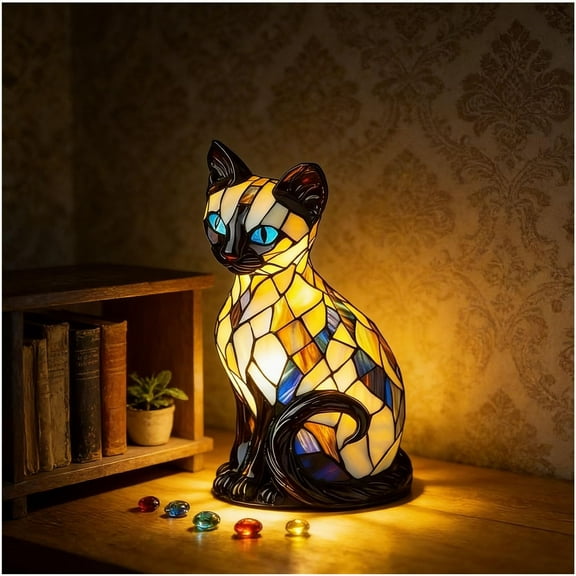 Cat Lamp Stained Glass, Vintage Resin Animal Lamps Tabletop Night Light, for Living Room Bedroom Home Office Decor, for Cats Lovers
