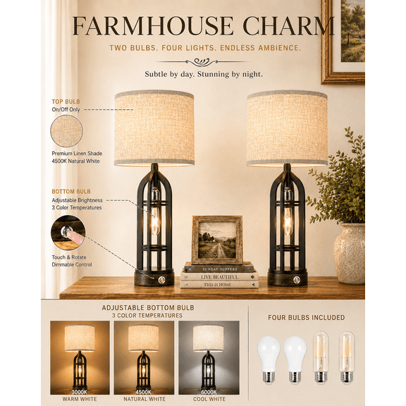 Lumadin 24.7'' Tall Farmhouse Table Lamps for Set of 2 with USB Ports for Living Room Bedroom Home Office,3 Way Dimmable Nightstand Lamps (Bulb Included)