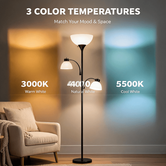 Lumadin 71'' Black Torchiere  Floor Lamp With 2 Adjustable  Reading Lamp, Modern Design,3 LED Bulbs Included,