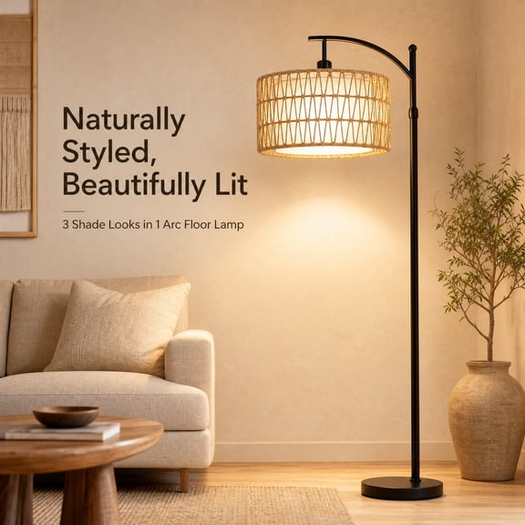 Lumadin Modern Arc Floor Lamp foot Control with 3200K warm color , Rattan & Fabric Drum Shadeswith Pull Chain Switch  for Living Room, Bedroom & Office