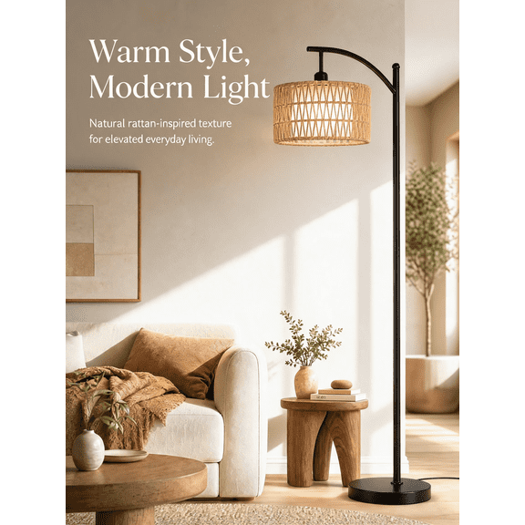 Lumadin 63'' Dimmable Arc Rattan Floor Lamp,Black Standing Lamp with Rattan & Fabric Double Drum Shade, Boho Farmhouse lamp with 3 Color Temperatures