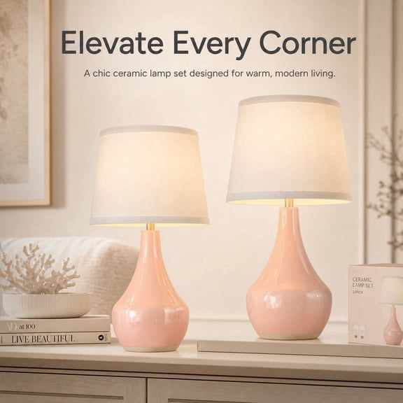 Lumadin Pink Table Lamp Set , Ceramic Table Lamp Classic Beside Lamp Modern Table Lamp for Living Room, Bedroom Office, Rocker Swtich (LED Bulbs Included)