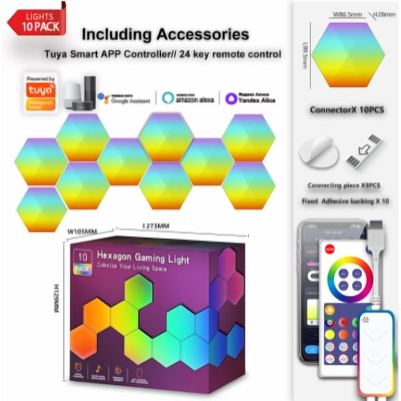Lumadin RGBIC Hexagon LED Wall Lights, 10 Pack,Wi-Fi Smart Home Decor Creative Wall Lights with Music Sync, Works with Alexa Google Assistant for Bedroom, Gaming Decor