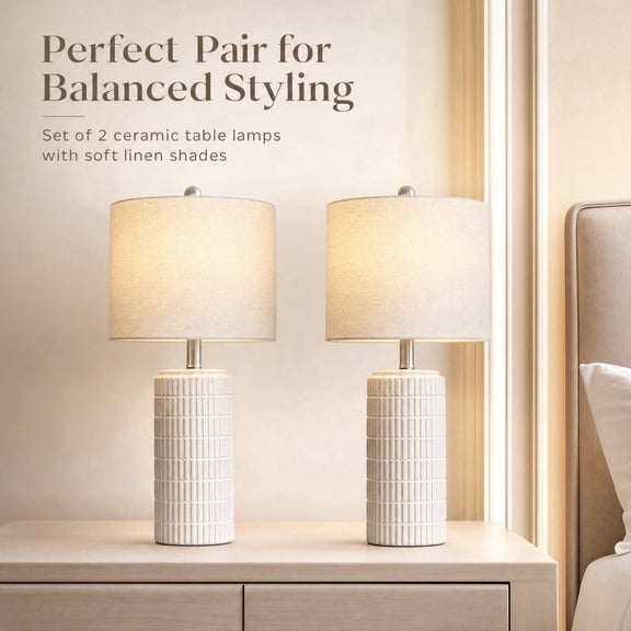 Lumadin White Ceramic Table Lamps Set of 2 for Living Room Bedroom 23" Rustic Bedside Nightstand Lamps with Linen Lamp Shades