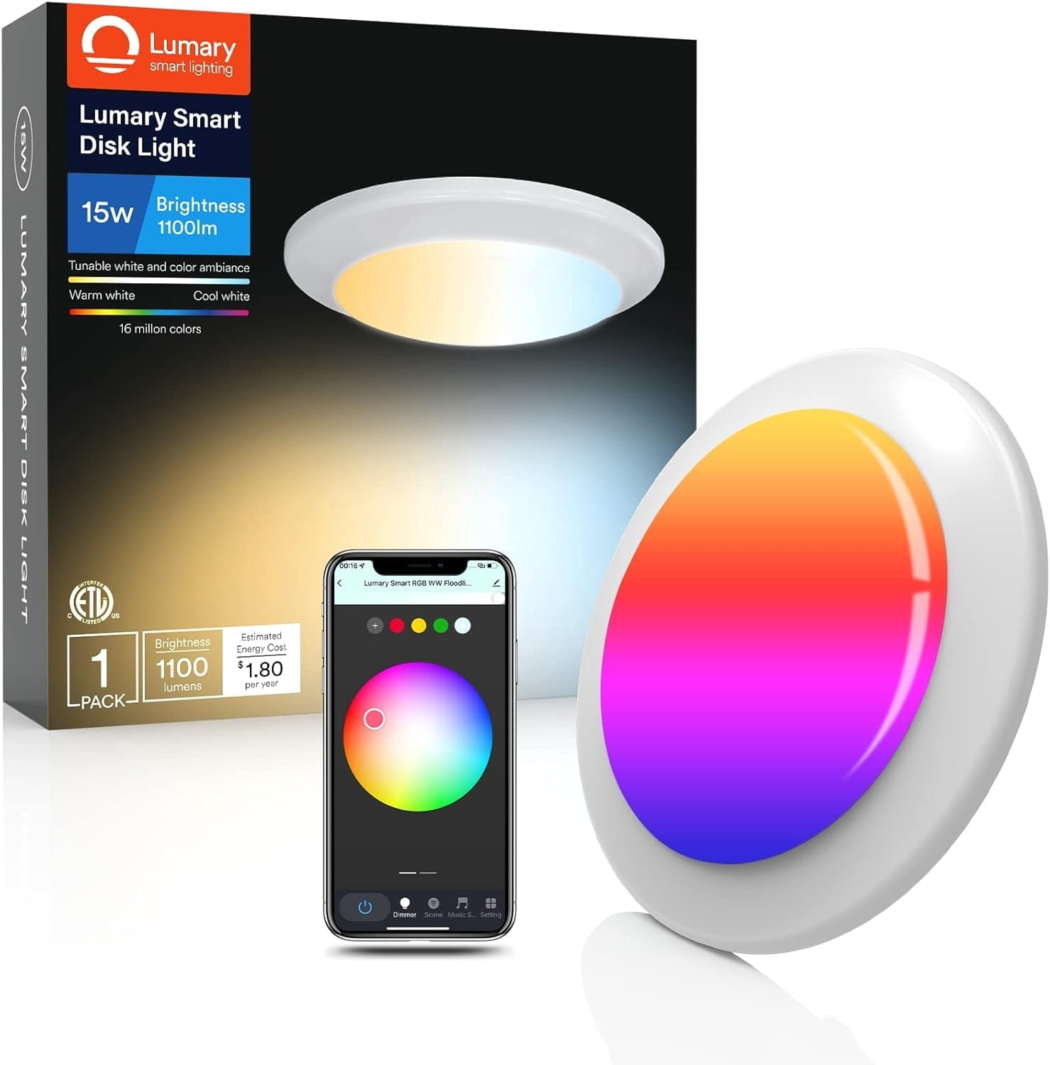 Lumary 15W Smart LED Flush Mount Disk Lights 5/6 Inch RGBWW WiFi ...