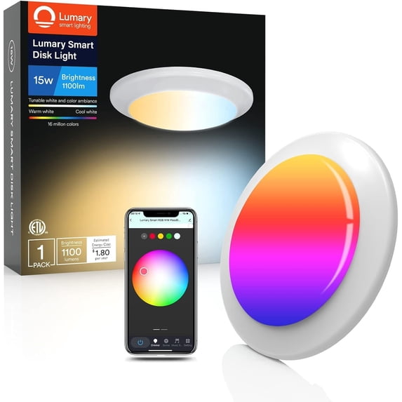 Lumary 15W Smart LED Flush Mount Disk Lights 5/6 Inch RGBWW WiFi Recessed Surface Mount Ceiling Lights Voice Control ETL Listed 1 Pack