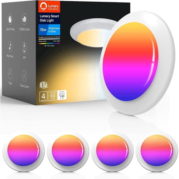 Lumary 15W Smart LED Flush Mount Disk Lights 5/6 Inch RGBWW WiFi Recessed Surface Mount Ceiling Lights Voice Control ETL Listed 4 Pack
