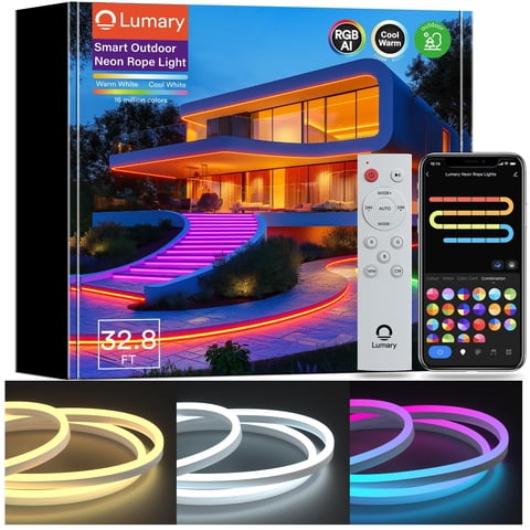 Lumary 16.4ft Smart Outdoor Neon Rope Light IP65 Waterproof RGBAICW LED Strip Music Sync Works with Alexa