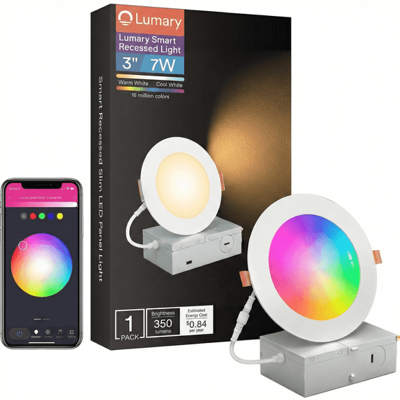 Lumary 3 Inch Smart Recessed Lighting LED Canless Wafer Downlight 7W RGBCW WiFi Color Changing Light with Junction Box 1 Pack