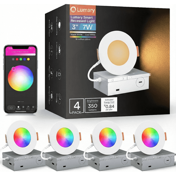 Lumary 3 Inch Smart Recessed Lighting LED Canless Downlight 7W RGBCW WiFi Color Changing Sound Sync Works with Alexa/Google Assistant 4 Pack