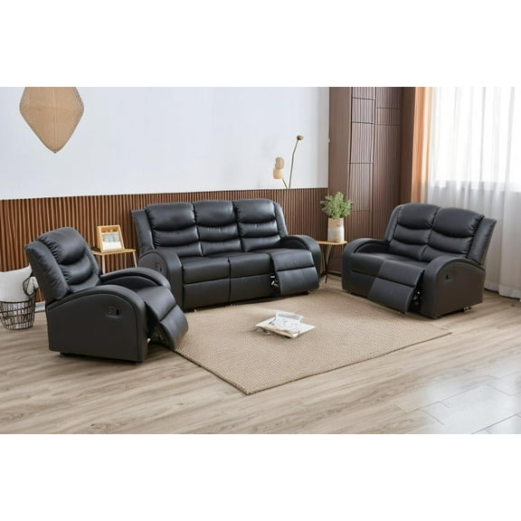 Lumary 3-Pcs Leather Living Room Set, Black