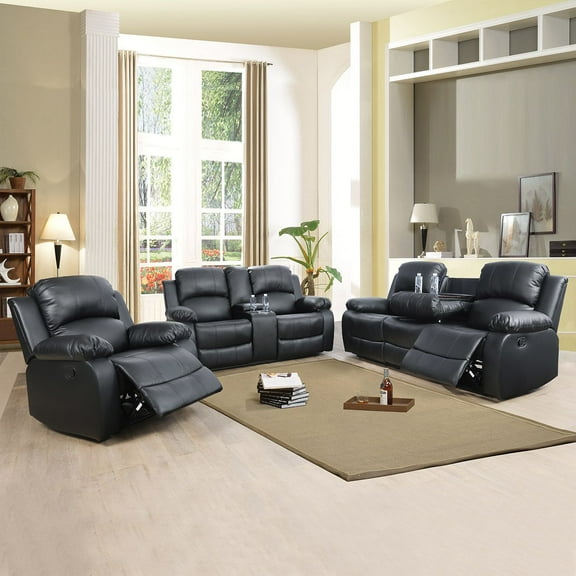 Lumary 3 Piece Glam Leather Reclining Living Room Set Black