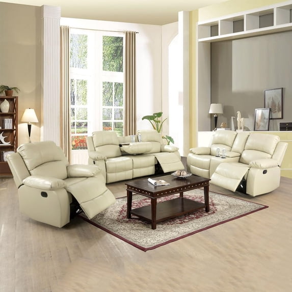 Lumary 3-Pieces Bonded Leather Sofa Living Room Furniture Set, White