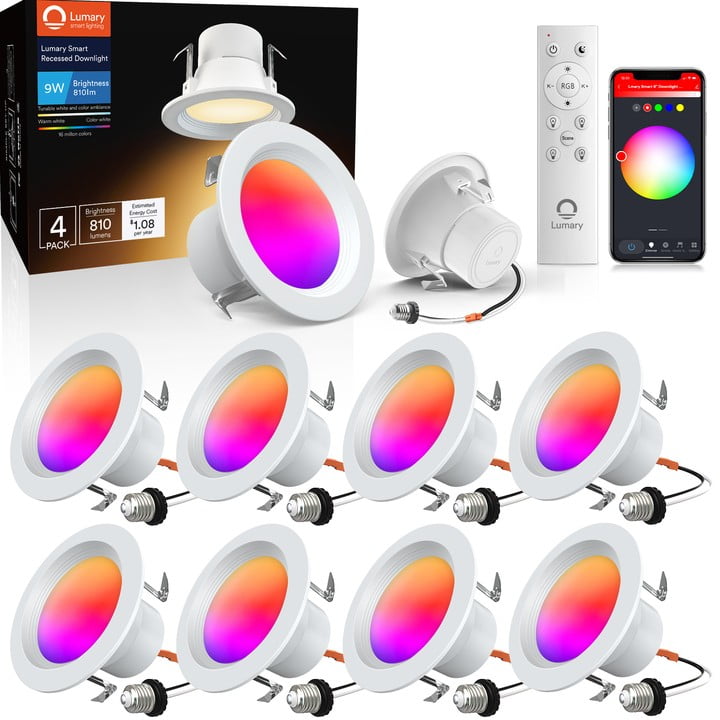 Lumary 4 Inch LED Recessed Lights, Smart LED Can Lights 9W 810LM RGB