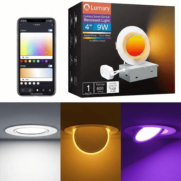 Lumary 4 Inch Smart Gimbal Recessed Lighting Ultra 2200K Night Light 270°+90° Tilt RGBWW WiFi LED Downlight 1 Pack