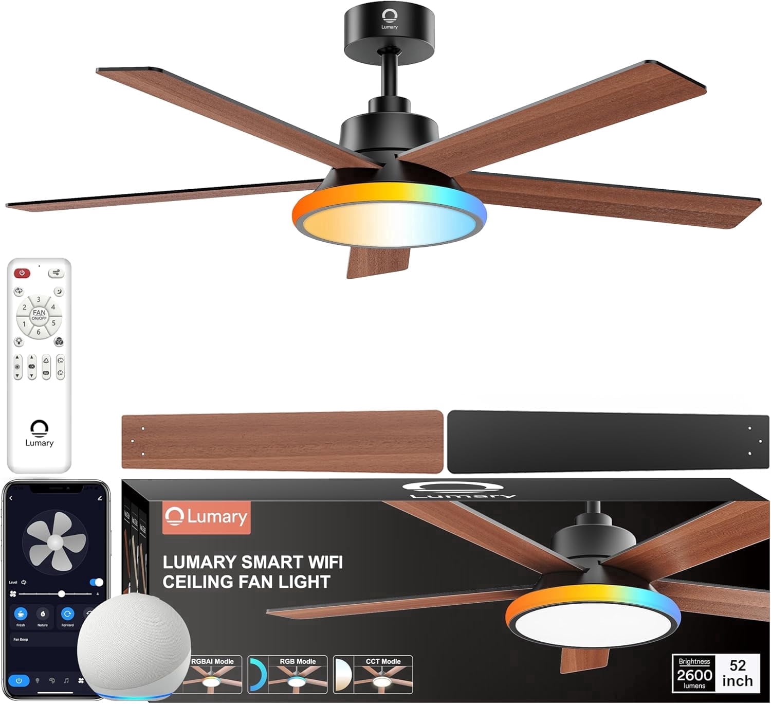 Lumary 52 Inch Smart Ceiling Fan with RGBAI Lights Remote Low Profile Ceiling Fan App Voice Control Dimmable & Color Tuning Modern Flush Mount