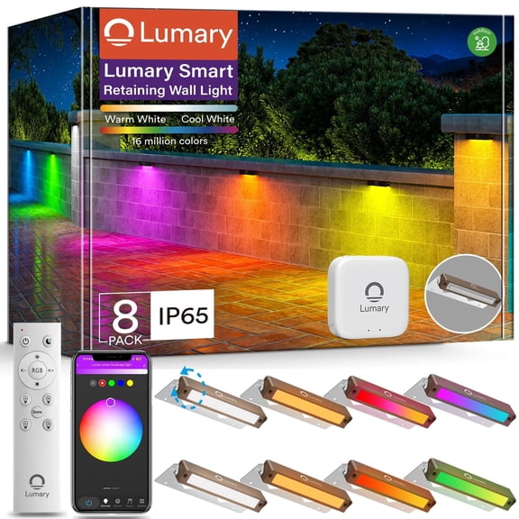 Lumary 7 Inch Smart Low Voltage Retaining Wall Lights 8 Pack RGBCW Aluminum Hardscape Paver Lighting APP Remote Voice Control, Brown