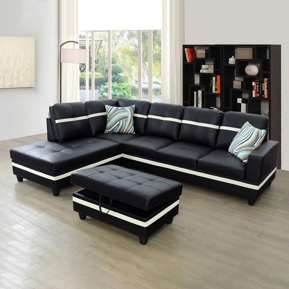 Lumary Furniture Sectional Sofa Set, Living Room Sofa Set, Leather Sectional Sofa, Black & White Sofa Set (Left Hand Facing,#1)