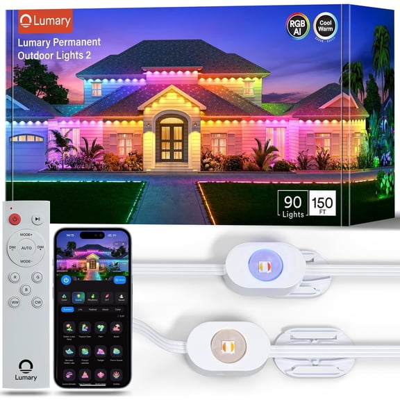 Lumary Permanent Outdoor Lights Slide-Base 150ft with 90 RGBAICW LEDs Tunable White Plastic String Lights