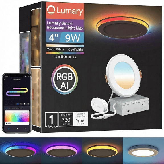 Lumary RGBAI Smart Recessed Lighting 4 Inch LED Gradient Accent Canless Wafer Downlight with Night Light Ring WiFi Voice Control with J-Box 1 Pack