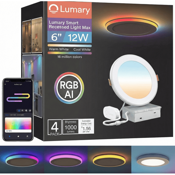 Lumary RGBAI Smart Recessed Lighting 6 Inch with Night Light Ring 12W 1000LM WiFi LED Downlight Works with Alexa 4 Pack