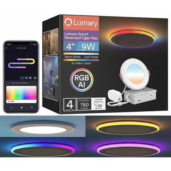 Lumary RGBAI Smart Recessed Lighting 8 Inch with Gradient Night Ring 18W 1400LM WiFi LED Downlight Works with Alexa 1 Pack