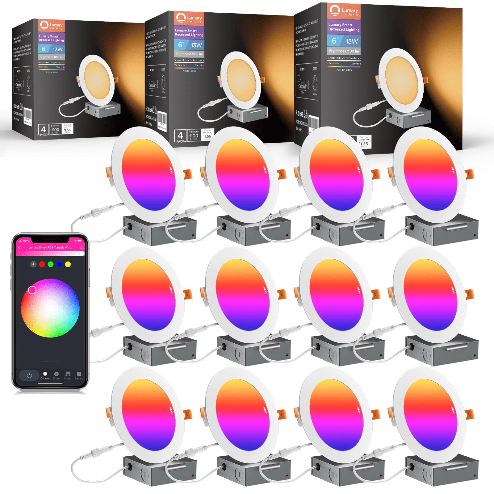 Lumary Recessed Lighting Slim 6 Inch Smart LED Recessed Lights 13W