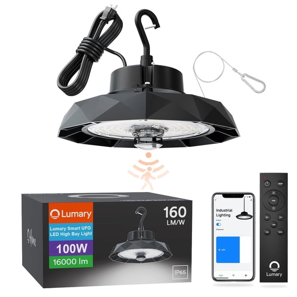 Lumary Smart Bluetooth UFO LED High Bay Light Motion Sensor 100W, 16,000lm 5000K Dimmable Workshop Garage Lights, Compatible with Alexa via Hub-Not Included, Aluminum Fin, Plug & Play 120-277V, 1Pack