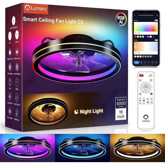 Lumary Smart Wi-Fi Ceiling Fan with LED Light 19 Inch, Flush Mount, Voice Control via Alexa, RGBAI Color and 2200K Nightlight, Black
