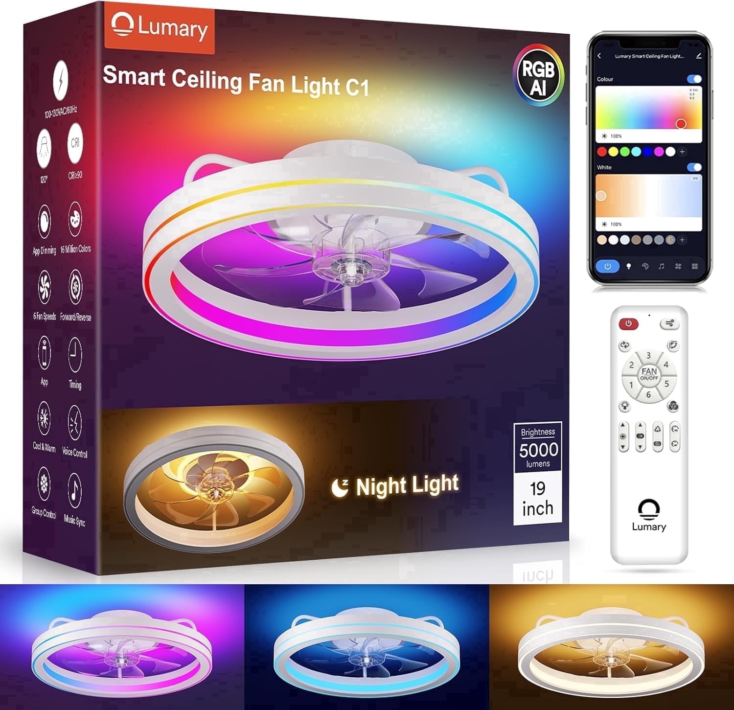 Lumary 19" Smart Low Profile Ceiling Fan with Light Remote White Flush Mount Ceiling Fan 2200K Nightlight WiFi Alexa\Google Voice Remote & App Control
