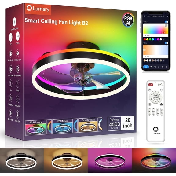 Lumary Smart Ceiling Fan with Light RGBAI LED Flush Mount Low Profile Fan Works with Alexa Google with Remote 20 Inch Black