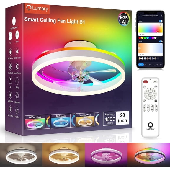 Lumary 20 Inch Low Profile Smart Ceiling Fan with Light RGBAI LED Flush Mount App and Remote Control Works with Alexa Google White